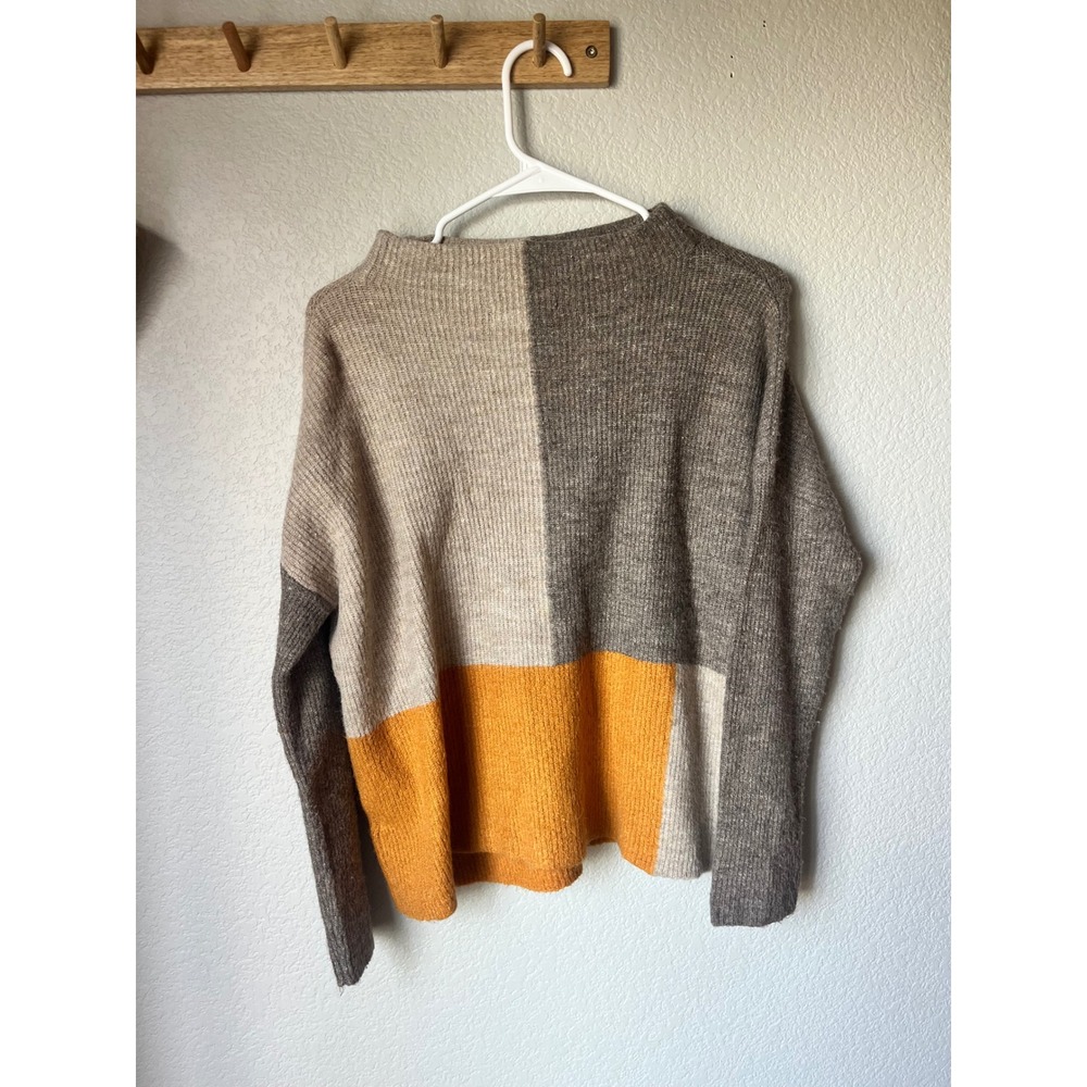 Keren Hart Women Colorblock Ribbed Knit Sweater Mock Neck Brown Beige Mustard M - Picture 3 of 4